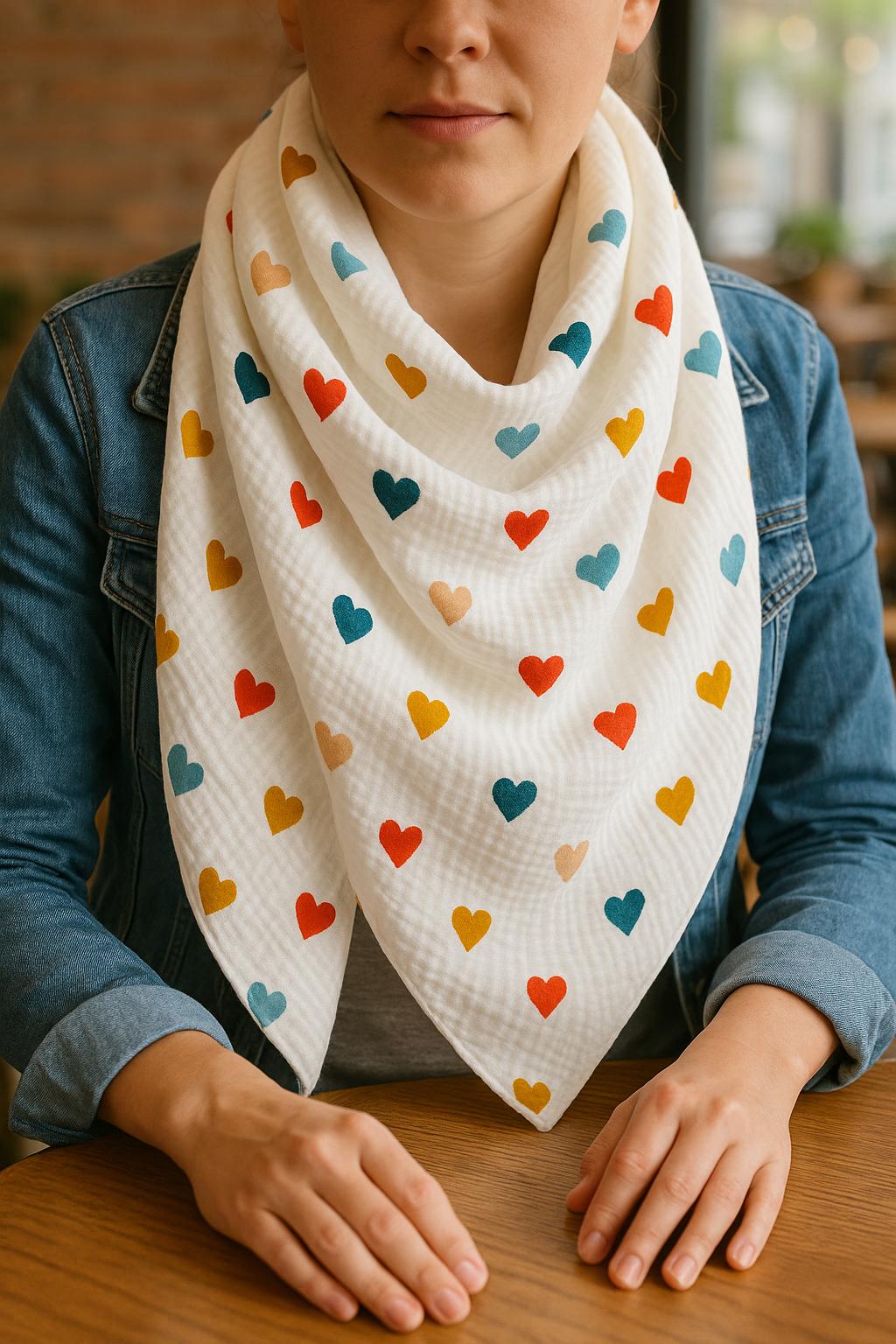 xxl Dreieckstuch Bio-Musselin Ca. 130cm | Handmade Halstuch Weiches Musselintuch Damen Buntes Herzchen-Tuch Baumwolle von CotonMiliHandmade