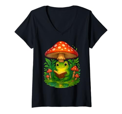 Damen Cottagecore Frosch Lesebuch unter Pilz Fairycore Art T-Shirt mit V-Ausschnitt Damen Cottagecore Frosch Lesebuch unter Pilz Fairycore Art T-Shirt mit V-Ausschnitt von Cottagecore Aesthetic Cute Frog Lover Design Gifts