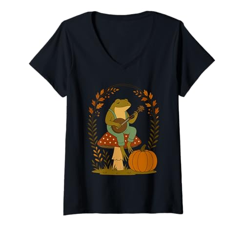Damen Fall Cottagecore Ästhetischer Frosch spielt Banjo auf Pilz T-Shirt mit V-Ausschnitt Damen Fall Cottagecore Ästhetischer Frosch spielt Banjo auf Pilz T-Shirt mit V-Ausschnitt von Cottagecore Aesthetic Frog Lover