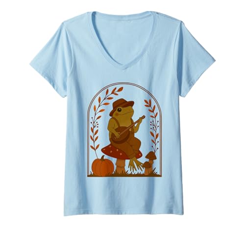 Damen Fall Cottagecore Frosch spielt Banjo auf Pilz mit Kürbis T-Shirt mit V-Ausschnitt Damen Fall Cottagecore Frosch spielt Banjo auf Pilz mit Kürbis T-Shirt mit V-Ausschnitt von Cottagecore Aesthetic Frog Lover