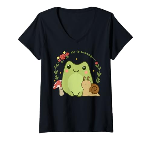 Damen Niedlicher Kawaii Frosch Schnecke Pilz Cottagecore Ästhetik T-Shirt mit V-Ausschnitt Damen Niedlicher Kawaii Frosch Schnecke Pilz Cottagecore Ästhetik T-Shirt mit V-Ausschnitt von Cottagecore Aesthetic Frog Snail Lover