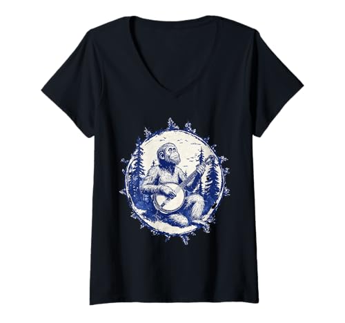 Damen Aesthetic Affe mit Banjo Gitarre im Wald Schimpanse T-Shirt mit V-Ausschnitt von Cottagecore Affen Chimp und Fairycore Stuff