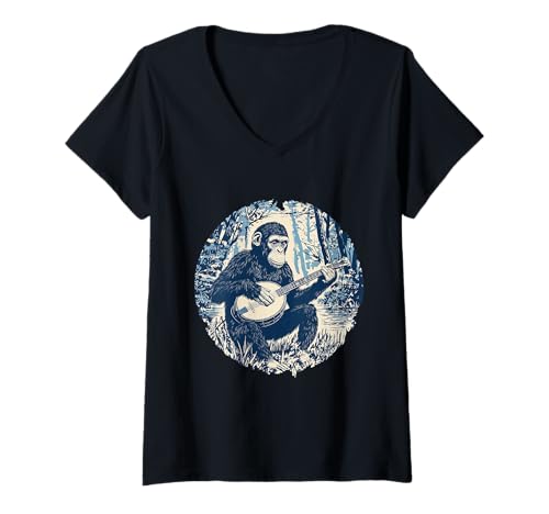 Damen Aesthetic Affe mit Banjo Gitarre im Wald Schimpanse T-Shirt mit V-Ausschnitt von Cottagecore Affen Chimp und Fairycore Stuff