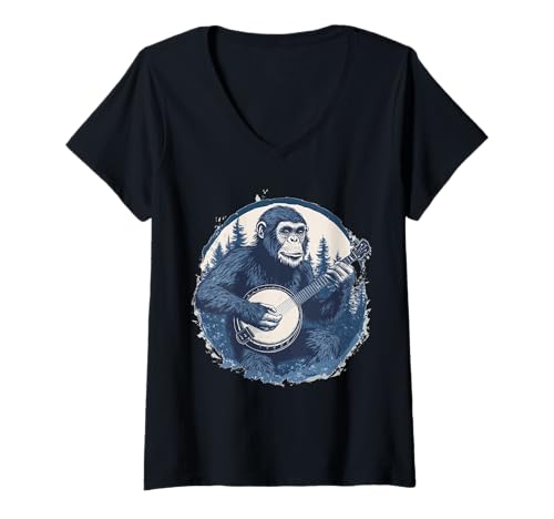 Damen Aesthetic Affe mit Banjo Gitarre im Wald Schimpanse T-Shirt mit V-Ausschnitt von Cottagecore Affen Chimp und Fairycore Stuff