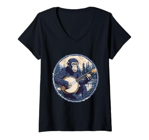Damen Aesthetic Affe mit Banjo Gitarre im Wald Schimpanse T-Shirt mit V-Ausschnitt von Cottagecore Affen Chimp und Fairycore Stuff