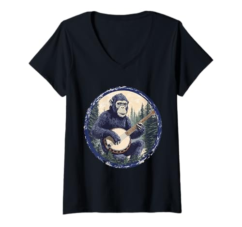Damen Aesthetic Affe mit Banjo Gitarre im Wald Schimpanse T-Shirt mit V-Ausschnitt von Cottagecore Affen Chimp und Fairycore Stuff