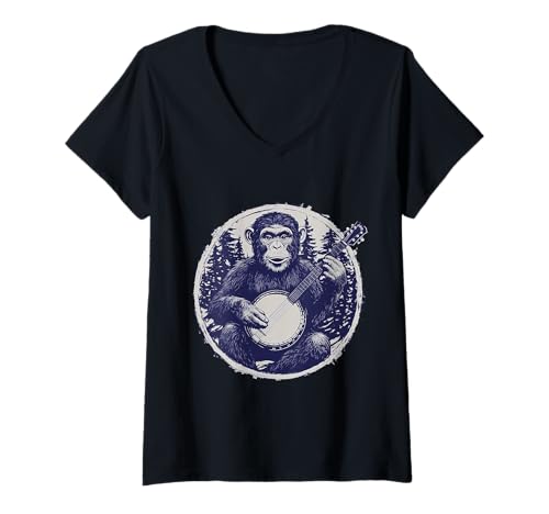 Damen Aesthetic Affe mit Banjo Gitarre im Wald Schimpanse T-Shirt mit V-Ausschnitt von Cottagecore Affen Chimp und Fairycore Stuff