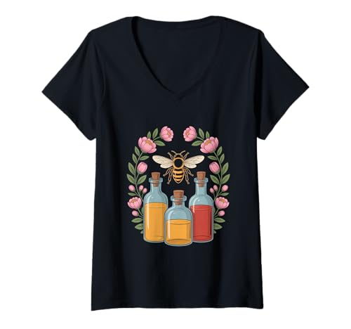 Damen Bienenalchemie Mit Honigflaschen Cottagecore T-Shirt mit V-Ausschnitt Damen Bienenalchemie Mit Honigflaschen Cottagecore T-Shirt mit V-Ausschnitt von Cottagecore Biene Honig Wildblumen Natur