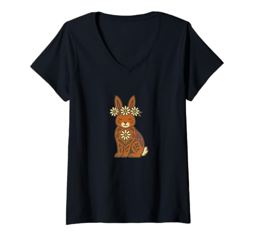 Damen Hase im Retro-Stil mit Gänseblümchen und Frühlingsmotiven T-Shirt mit V-Ausschnitt Damen Hase im Retro-Stil mit Gänseblümchen und Frühlingsmotiven T-Shirt mit V-Ausschnitt von Cottagecore Critters and Flora