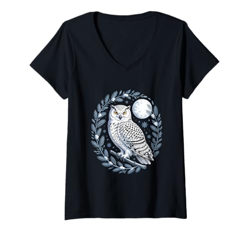 Damen Cottagecore Schneeeule Mond Winterwald Natur T-Shirt mit V-Ausschnitt Damen Cottagecore Schneeeule Mond Winterwald Natur T-Shirt mit V-Ausschnitt von Cottagecore Eule Mond Nachtwald Winter Natur