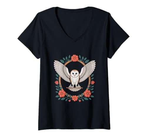 Damen Cottagecore Schleiereule Blumenkranz Waldidylle Natur T-Shirt mit V-Ausschnitt Damen Cottagecore Schleiereule Blumenkranz Waldidylle Natur T-Shirt mit V-Ausschnitt von Cottagecore Eule Wald Natur Florale Romantik