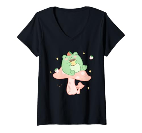 Damen Cottagecore Frosch Erdbeere Milch Pilz Kawaii Anime T-Shirt mit V-Ausschnitt Damen Cottagecore Frosch Erdbeere Milch Pilz Kawaii Anime T-Shirt mit V-Ausschnitt von Cottagecore Frog Drinking Japanese Strawberry Milk