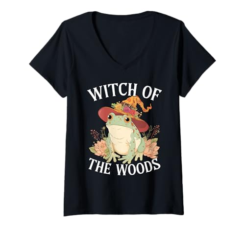Damen Hexe des Waldes Süßer Frosch Cottagecore T-Shirt mit V-Ausschnitt Damen Hexe des Waldes Süßer Frosch Cottagecore T-Shirt mit V-Ausschnitt von Cottagecore Frosch Friedliche Natur Vibes