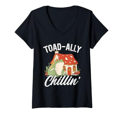 Damen Total Entspannter Cottagecore Frosch-Haus T-Shirt mit V-Ausschnitt Damen Total Entspannter Cottagecore Frosch-Haus T-Shirt mit V-Ausschnitt von Cottagecore Frosch Friedliche Naturvibes