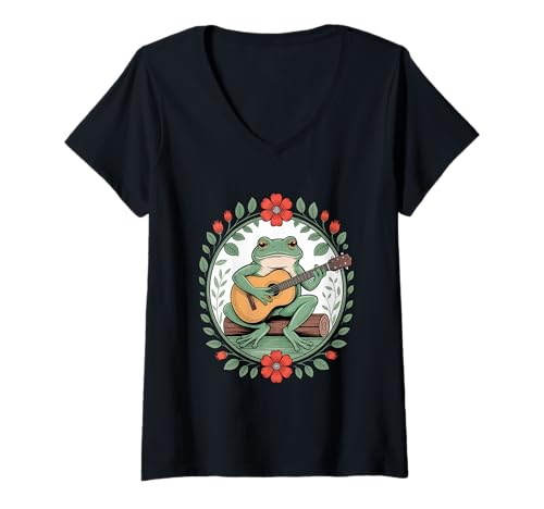 Damen Frosch Mit Gitarre Waldblumen Akustik Cottagecore T-Shirt mit V-Ausschnitt Damen Frosch Mit Gitarre Waldblumen Akustik Cottagecore T-Shirt mit V-Ausschnitt von Cottagecore Frosch Natur Blumen Akustik Folk