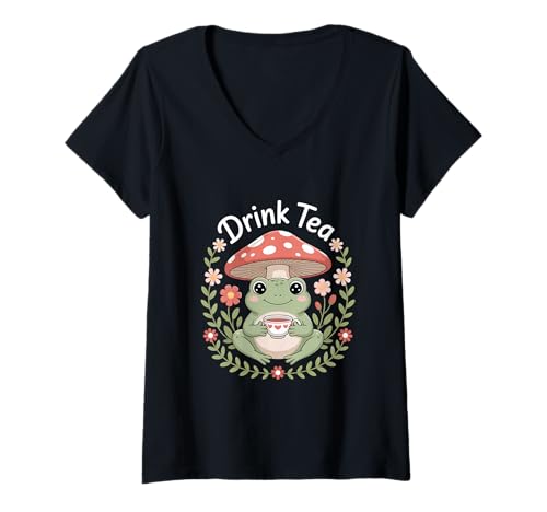 Damen Cottagecore Frosch Pilz Drink Tea Teezeit Natur T-Shirt mit V-Ausschnitt Damen Cottagecore Frosch Pilz Drink Tea Teezeit Natur T-Shirt mit V-Ausschnitt von Cottagecore Frosch Pilz Tee Natur Wald Romantik