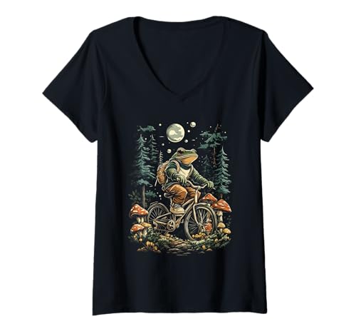 Damen Aesthetic Frosch auf Fahrrad Fliegenpilz Pilz Goblincore T-Shirt mit V-Ausschnitt Damen Aesthetic Frosch auf Fahrrad Fliegenpilz Pilz Goblincore T-Shirt mit V-Ausschnitt von Cottagecore Goblincore Frösche und Fairycore Stuff