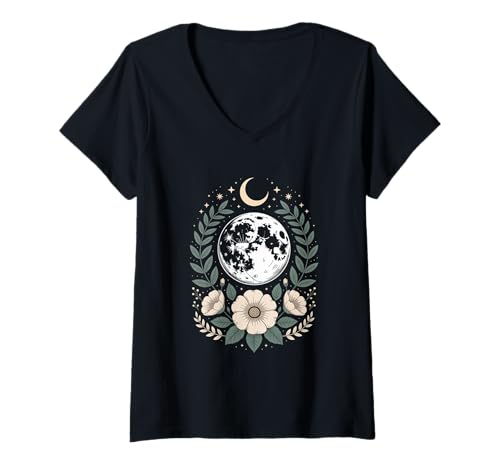 Damen Goblincore Erde Mond Mondphasen Halbmond Cottagecore T-Shirt mit V-Ausschnitt Damen Goblincore Erde Mond Mondphasen Halbmond Cottagecore T-Shirt mit V-Ausschnitt von Cottagecore Goblincore and Fairycore Stuff