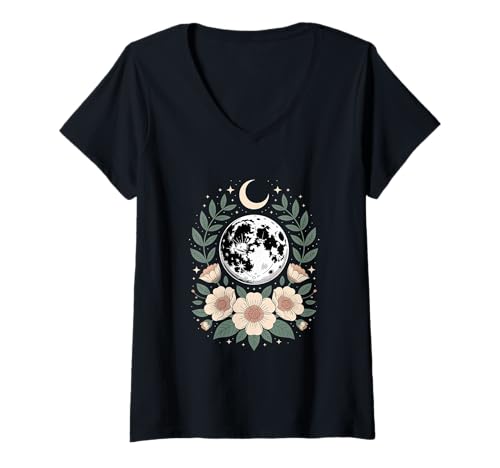 Damen Goblincore Erde Mond Mondphasen Halbmond Cottagecore T-Shirt mit V-Ausschnitt Damen Goblincore Erde Mond Mondphasen Halbmond Cottagecore T-Shirt mit V-Ausschnitt von Cottagecore Goblincore and Fairycore Stuff