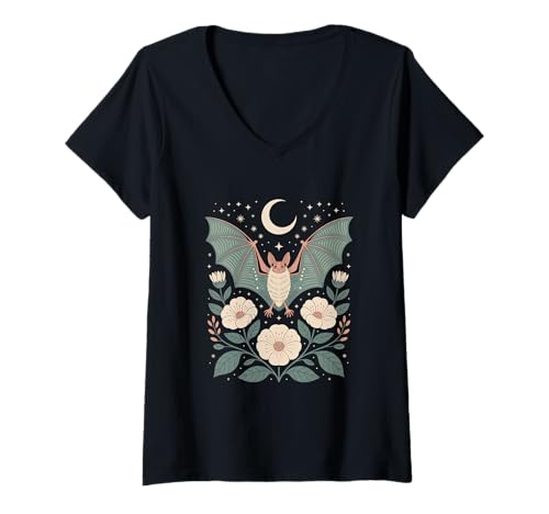 Damen Goblincore Fledermaus Mondphasen Motte Mond Cottagecore T-Shirt mit V-Ausschnitt von Cottagecore Goblincore and Fairycore Stuff