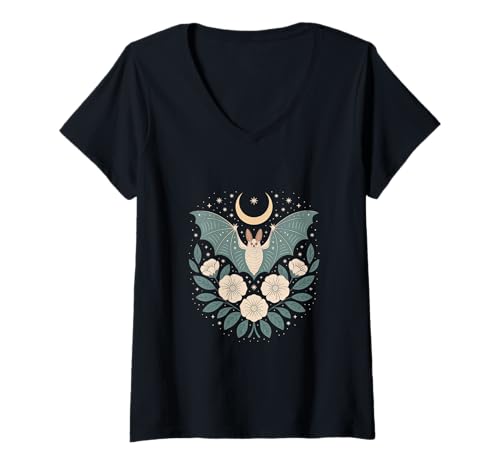 Damen Goblincore Fledermaus Mondphasen Motte Mond Cottagecore T-Shirt mit V-Ausschnitt von Cottagecore Goblincore and Fairycore Stuff
