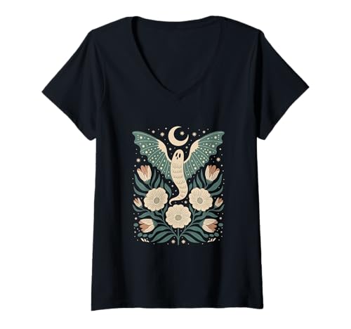 Damen Goblincore Geist Mondphasen Motte Mond Cottagecore T-Shirt mit V-Ausschnitt Damen Goblincore Geist Mondphasen Motte Mond Cottagecore T-Shirt mit V-Ausschnitt von Cottagecore Goblincore and Fairycore Stuff