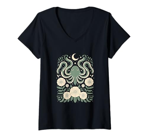 Damen Goblincore Oktopus Krake Tentakel Mond Cottagecore T-Shirt mit V-Ausschnitt Damen Goblincore Oktopus Krake Tentakel Mond Cottagecore T-Shirt mit V-Ausschnitt von Cottagecore Goblincore and Fairycore Stuff