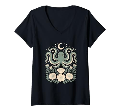 Damen Goblincore Oktopus Krake Tentakel Mond Cottagecore T-Shirt mit V-Ausschnitt Damen Goblincore Oktopus Krake Tentakel Mond Cottagecore T-Shirt mit V-Ausschnitt von Cottagecore Goblincore and Fairycore Stuff