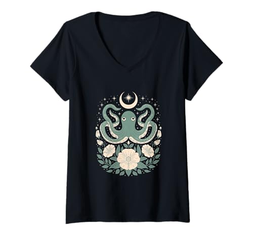 Damen Goblincore Oktopus Krake Tentakel Mond Cottagecore T-Shirt mit V-Ausschnitt Damen Goblincore Oktopus Krake Tentakel Mond Cottagecore T-Shirt mit V-Ausschnitt von Cottagecore Goblincore and Fairycore Stuff