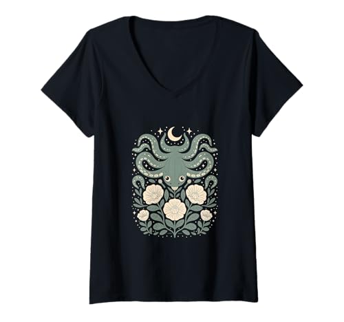 Damen Goblincore Oktopus Krake Tentakel Mond Cottagecore T-Shirt mit V-Ausschnitt Damen Goblincore Oktopus Krake Tentakel Mond Cottagecore T-Shirt mit V-Ausschnitt von Cottagecore Goblincore and Fairycore Stuff