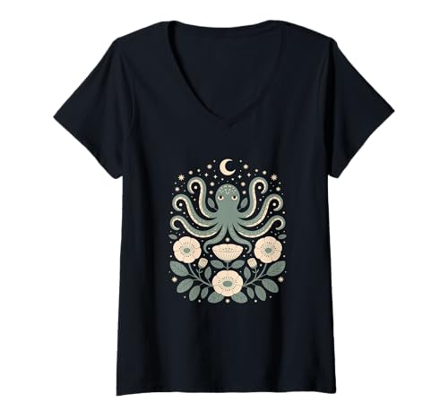 Damen Goblincore Oktopus Krake Tentakel Mond Cottagecore T-Shirt mit V-Ausschnitt Damen Goblincore Oktopus Krake Tentakel Mond Cottagecore T-Shirt mit V-Ausschnitt von Cottagecore Goblincore and Fairycore Stuff