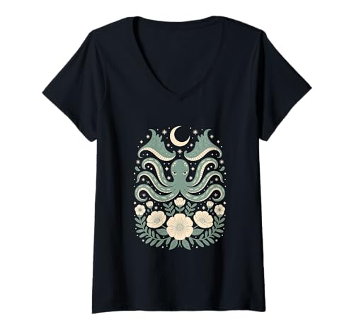 Damen Goblincore Oktopus Krake Tentakel Mond Cottagecore T-Shirt mit V-Ausschnitt Damen Goblincore Oktopus Krake Tentakel Mond Cottagecore T-Shirt mit V-Ausschnitt von Cottagecore Goblincore and Fairycore Stuff