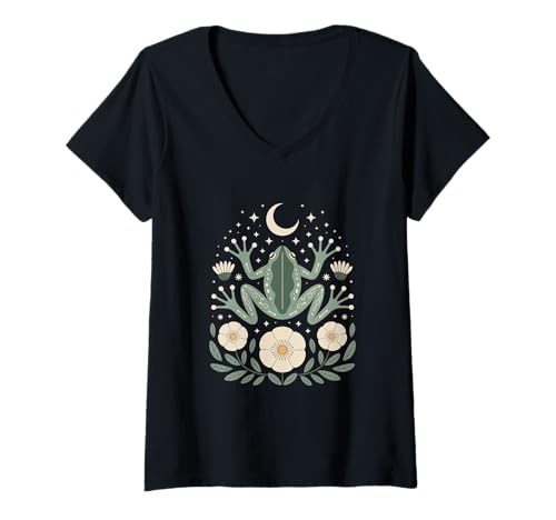 Damen Goblincore grüner Frosch Mondphasen Motte Mond Cottagecore T-Shirt mit V-Ausschnitt Damen Goblincore grüner Frosch Mondphasen Motte Mond Cottagecore T-Shirt mit V-Ausschnitt von Cottagecore Goblincore and Fairycore Stuff