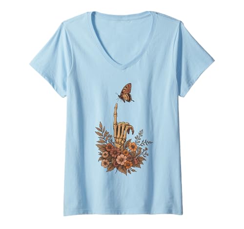 Damen Blumenskelett Hand Schmetterling Fee Grunge Fairycore T-Shirt mit V-Ausschnitt Damen Blumenskelett Hand Schmetterling Fee Grunge Fairycore T-Shirt mit V-Ausschnitt von Cottagecore Goth Gothic Goblincore Aesthetics