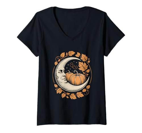 Damen Cottagecore Herbst Mondgesicht Kürbis Laub Sterne T-Shirt mit V-Ausschnitt Damen Cottagecore Herbst Mondgesicht Kürbis Laub Sterne T-Shirt mit V-Ausschnitt von Cottagecore Herbstmond Kürbis Natur Romantik