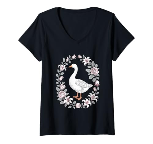 Damen Ländliche Gans Mit Blumenkranz Cottagecore Ästhetik T-Shirt mit V-Ausschnitt Damen Ländliche Gans Mit Blumenkranz Cottagecore Ästhetik T-Shirt mit V-Ausschnitt von Cottagecore Ländliche Romantik Gans Rosen Idylle