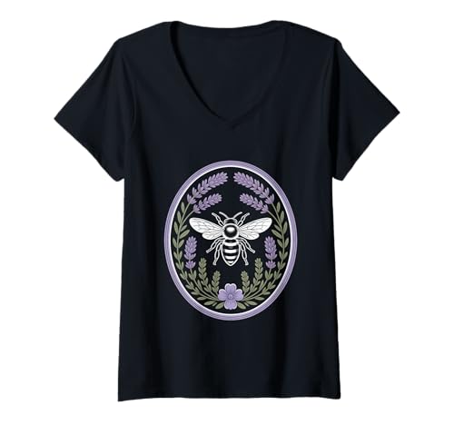 Damen Cottagecore Biene Mit Lavendel Kranz Landhaus Natur T-Shirt mit V-Ausschnitt von Cottagecore Landhaus Bienen Lavendel Natur