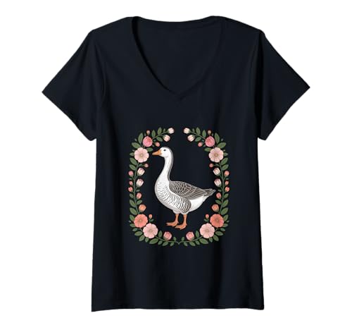 Damen Landhausstil Gans Mit Blumenkranz Cottagecore Aesthetik T-Shirt mit V-Ausschnitt Damen Landhausstil Gans Mit Blumenkranz Cottagecore Aesthetik T-Shirt mit V-Ausschnitt von Cottagecore Landhaus Blumen Gans Natur Romantik