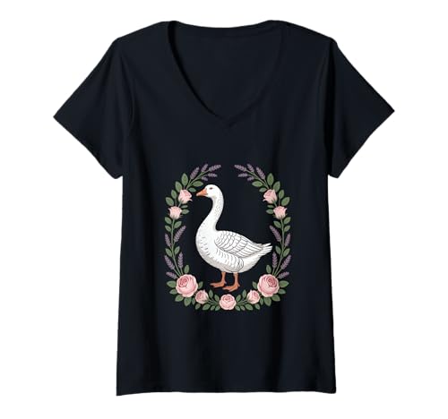 Damen Landhaus Romantik Gans Rosen Lavendel Cottagecore T-Shirt mit V-Ausschnitt Damen Landhaus Romantik Gans Rosen Lavendel Cottagecore T-Shirt mit V-Ausschnitt von Cottagecore Landhaus Gans Rosen Lavendel Natur
