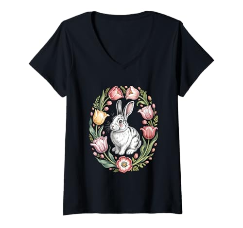 Damen Cottagecore Frühlingshase Tulpen Blumenkranz Landhaus T-Shirt mit V-Ausschnitt Damen Cottagecore Frühlingshase Tulpen Blumenkranz Landhaus T-Shirt mit V-Ausschnitt von Cottagecore Landhaus Hase Tulpen Blumenkranz Natur