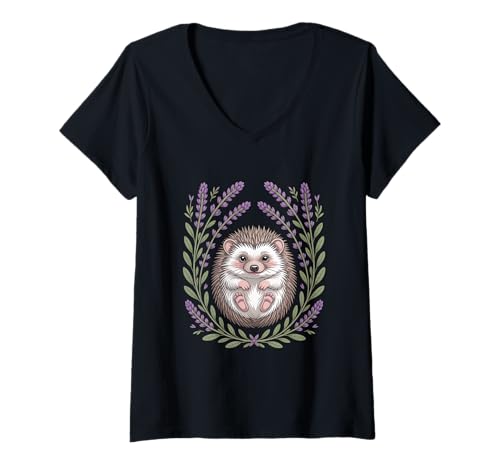 Damen Cottagecore Igel Mit Lavendel Kranz Waldidylle T-Shirt mit V-Ausschnitt von Cottagecore Landhaus Igel Lavendel Natur
