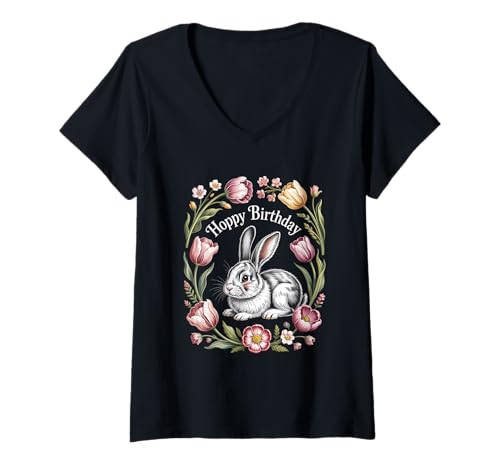 Damen Cottagecore Hoppy Birthday Hase Mit Blumenrahmen T-Shirt mit V-Ausschnitt Damen Cottagecore Hoppy Birthday Hase Mit Blumenrahmen T-Shirt mit V-Ausschnitt von Cottagecore Landhaus Natur Hase Blumen Geburtstag