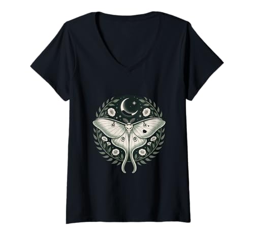 Damen Cottagecore Nachtfalter Mondblumen Botanisch Mystisch T-Shirt mit V-Ausschnitt Damen Cottagecore Nachtfalter Mondblumen Botanisch Mystisch T-Shirt mit V-Ausschnitt von Cottagecore Landhausromantik Motte Mond Natur