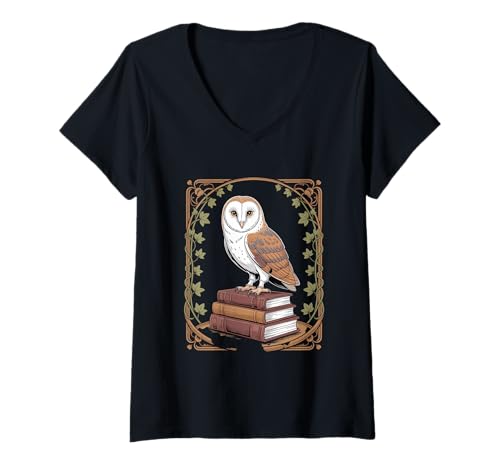 Damen Eule Auf Büchern Waldbibliothek Cottagecore Vintage T-Shirt mit V-Ausschnitt Damen Eule Auf Büchern Waldbibliothek Cottagecore Vintage T-Shirt mit V-Ausschnitt von Cottagecore Landhausstil Eule Bücher Wald