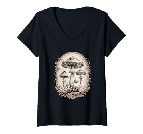 Damen Waldpilze Vintage Rahmen Cottagecore Naturmotiv T-Shirt mit V-Ausschnitt Damen Waldpilze Vintage Rahmen Cottagecore Naturmotiv T-Shirt mit V-Ausschnitt von Cottagecore Pilze Waldzauber Natur Retro