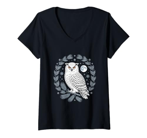 Damen Schneeeule Im Mondlicht Cottagecore Waldzauber T-Shirt mit V-Ausschnitt von Cottagecore Wald Eule Mond Winter Natur Romantik
