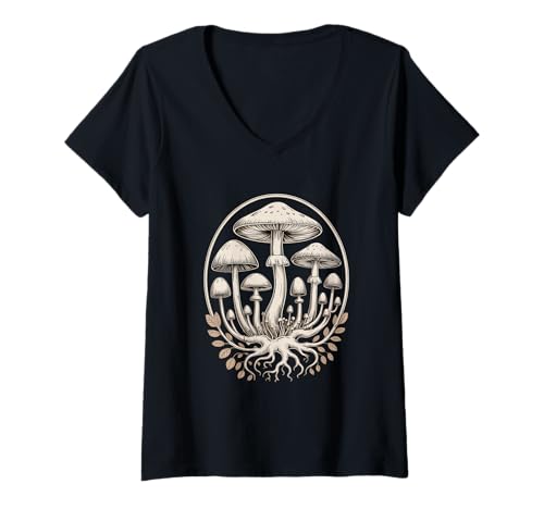 Damen Waldpilz Motiv Cottagecore Natur Boho Vintage T-Shirt mit V-Ausschnitt von Cottagecore Wald Pilze Natur Mykologie Vintage