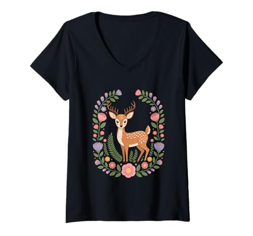 Damen Cottagecore REH Im Blumenkranz Waldromantik Natur T-Shirt mit V-Ausschnitt Damen Cottagecore REH Im Blumenkranz Waldromantik Natur T-Shirt mit V-Ausschnitt von Cottagecore Wald Reh Blumenkranz Natur Landleben