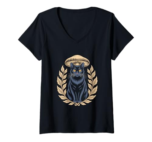 Damen Waldkatze Pilz Kranz Cottagecore Natur Vintage T-Shirt mit V-Ausschnitt von Cottagecore Waldkatze Pilz Natur Landhausstil