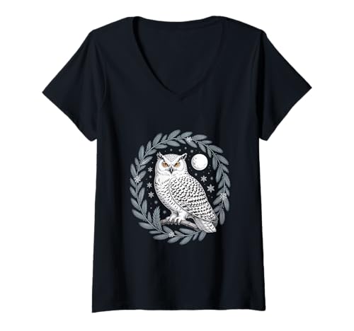 Damen Cottagecore Schneeeule Im Mondlicht Mit Sternenhimmel T-Shirt mit V-Ausschnitt Damen Cottagecore Schneeeule Im Mondlicht Mit Sternenhimmel T-Shirt mit V-Ausschnitt von Cottagecore Waldnacht Schneeeule Mond Sterne Natur
